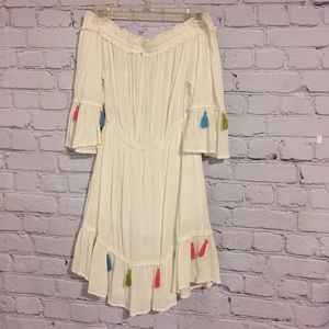 Blush white off the shoulder tassel dress Sz S